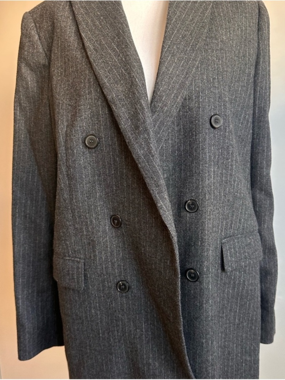 Zara Double-Breasted Pinstripe Wool Blazer Coat - Charcoal Gray